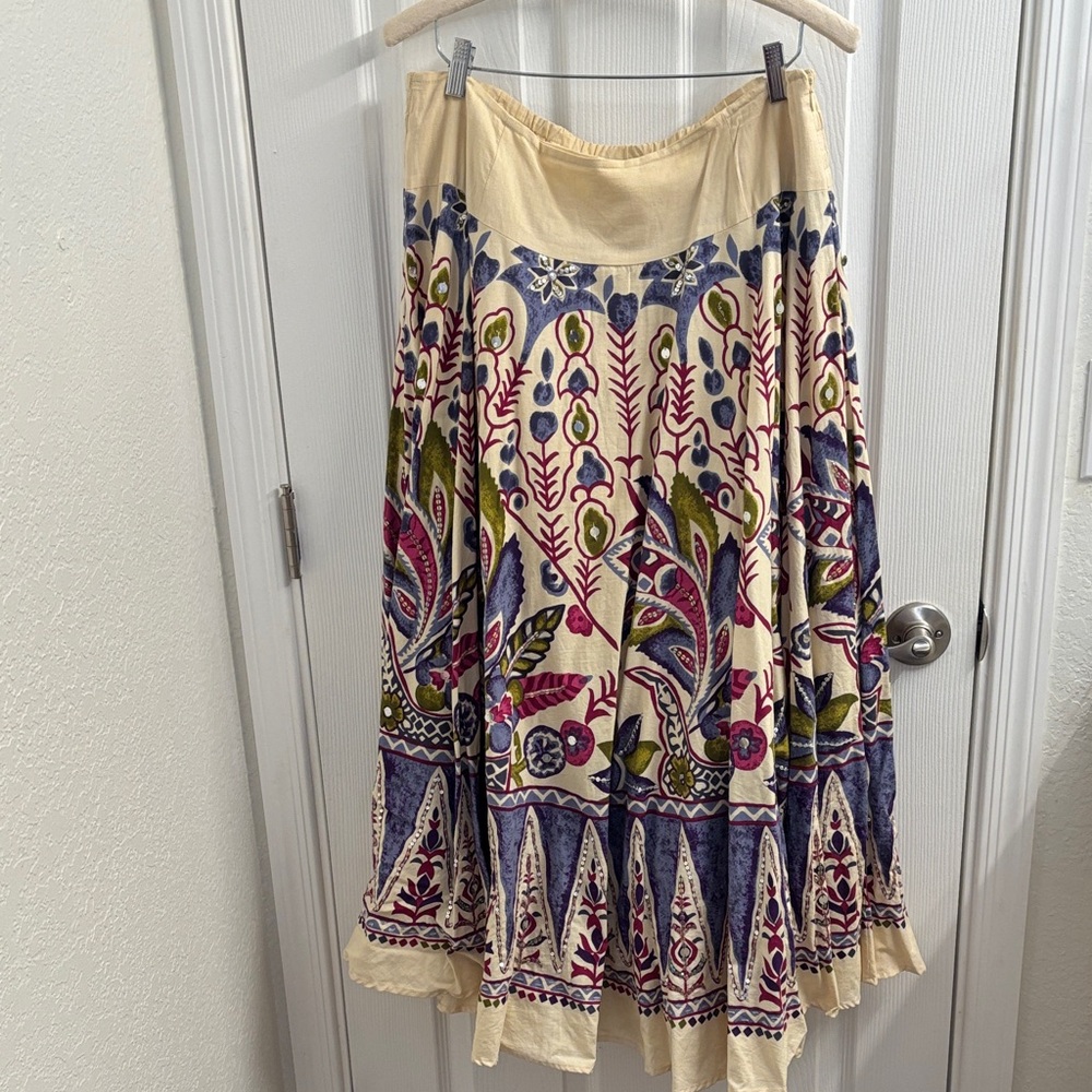 Women's SOFT SURROUNDINGS Floral Print Midi Cream Skirt w/ Sequins! Size L